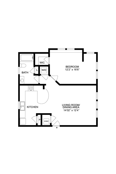 Floor plan for 1 bed, 1 bath, 736 sqft